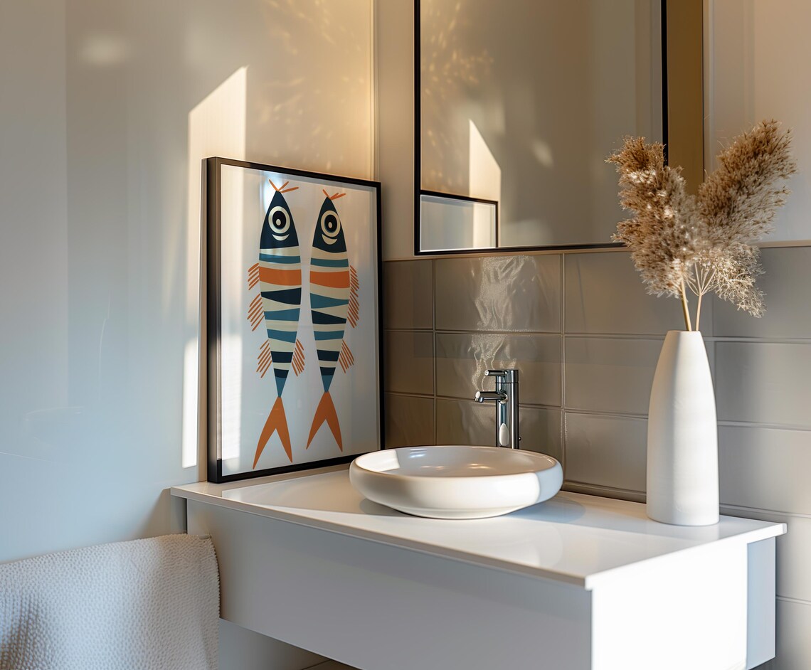 Pair Of Striped Fish In Navy Orange And Cream Minimal Wall Poster - Image 6