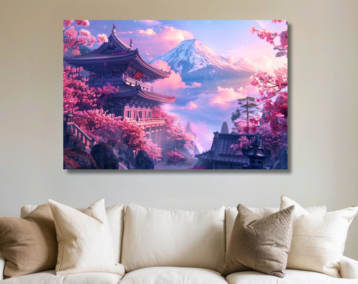 Cherry Blossom Japanese Shrine Mount Fuji Art Print - Image 2