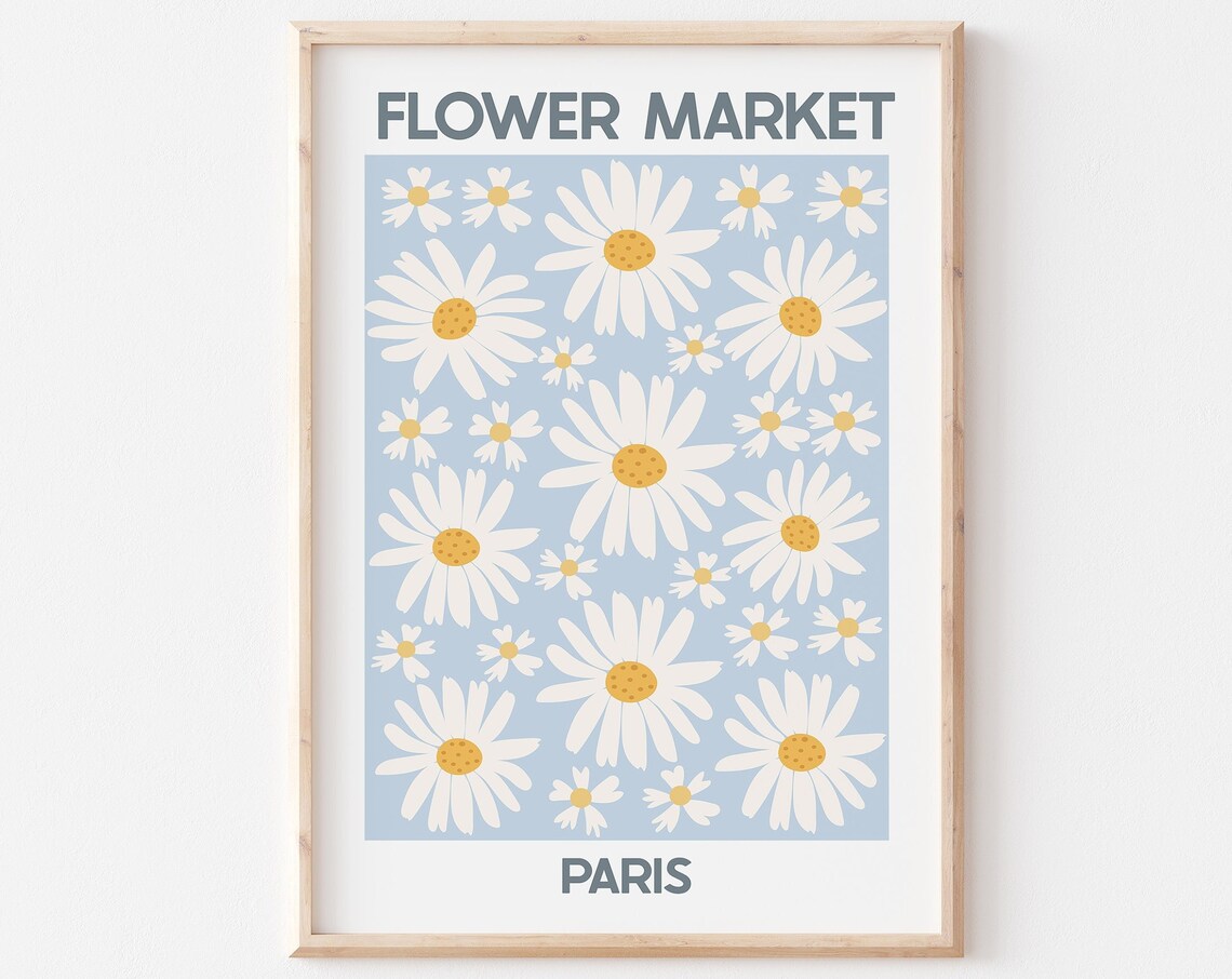 Paris Flower Market Daisy Sky Blue Botanical Illustration Art Poster