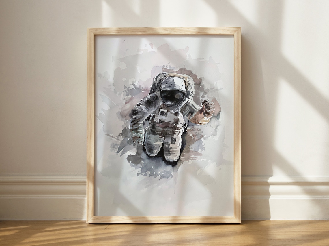 Watercolor Astronaut Print, Modern Space Art for Kids