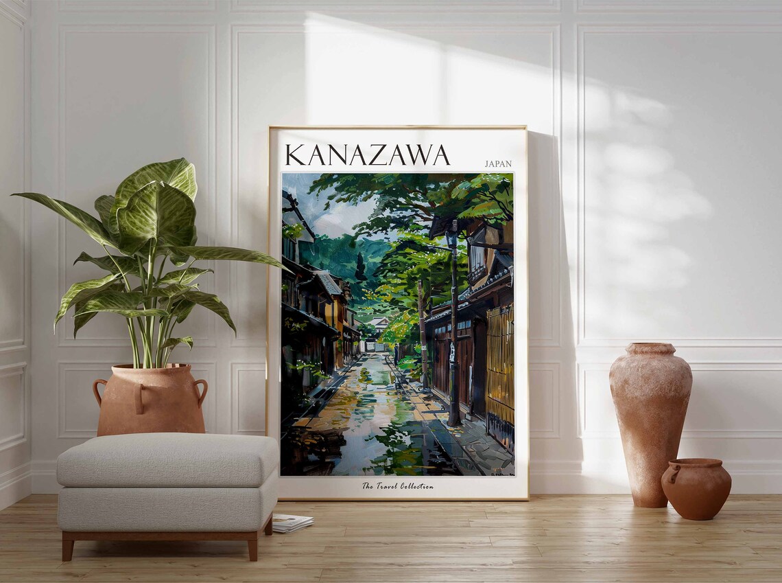 Kanazawa Japan Rainy Old Street Wooden Houses Vintage Travel Poster - Image 4
