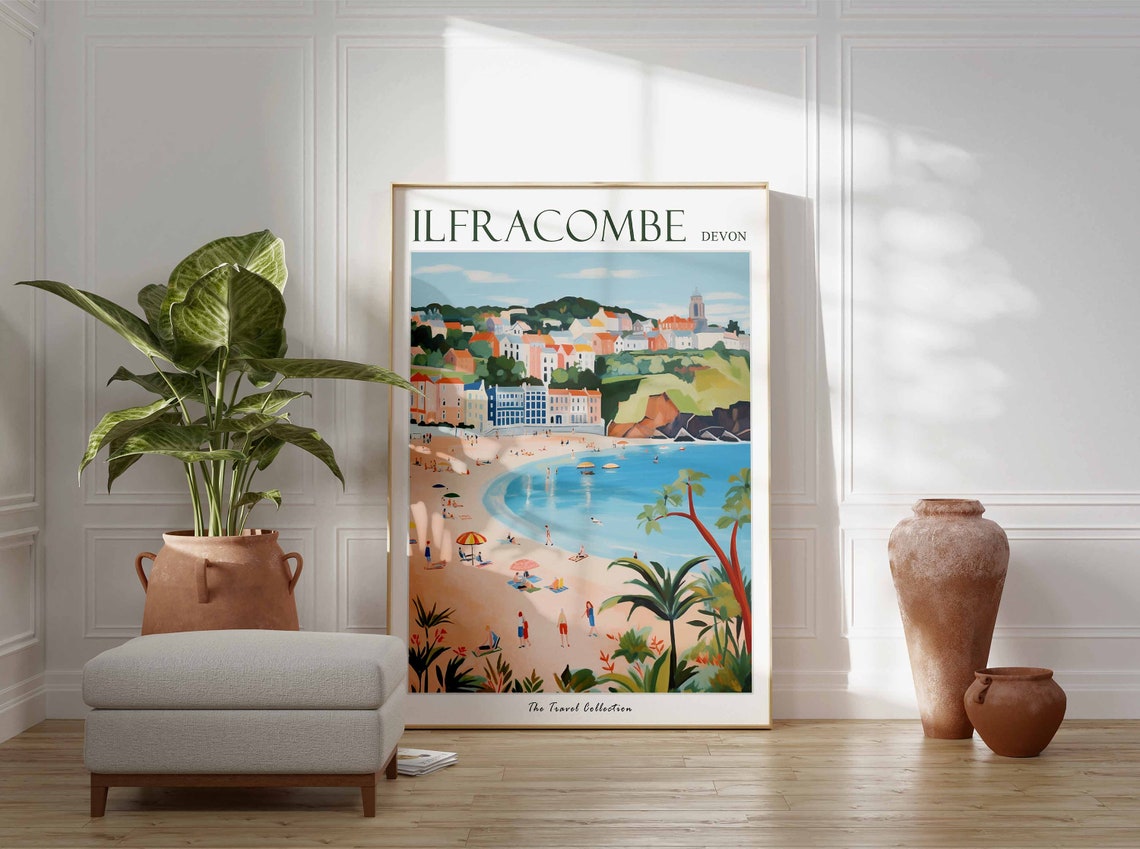 Ilfracombe Devon Beach Umbrellas Palm Trees Sunny Bay Poster - Image 3