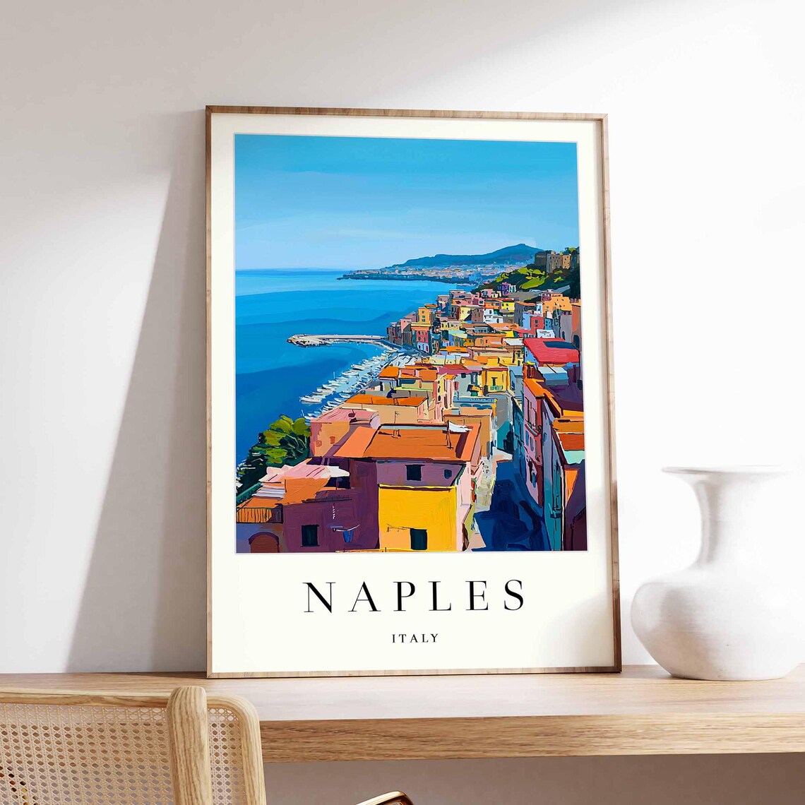 Naples Italy Aerial View Colorful Coastal Town Harbor Travel Poster