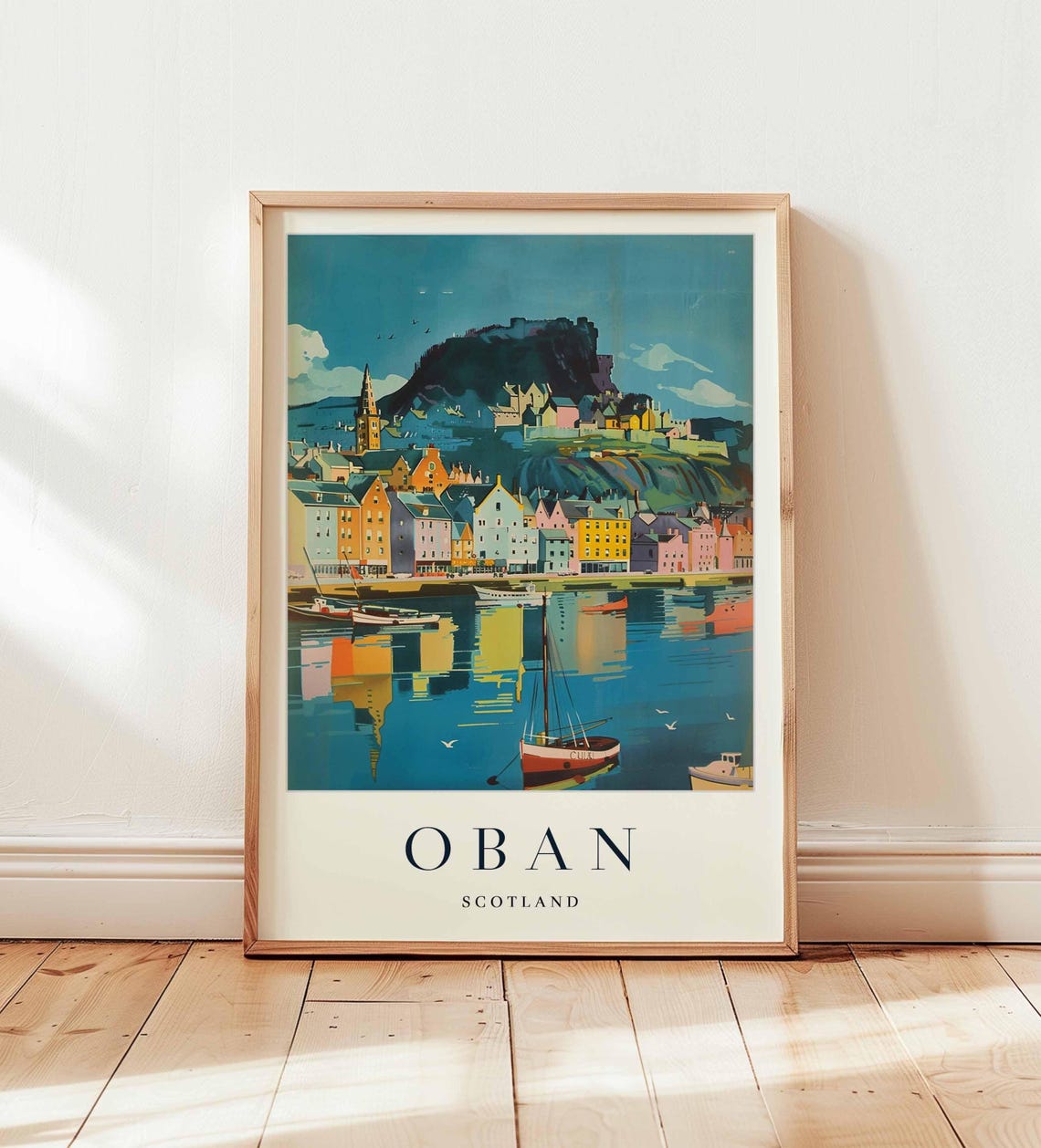 Oban Scotland Colorful Harbor Waterfront Boat Scene Travel Poster