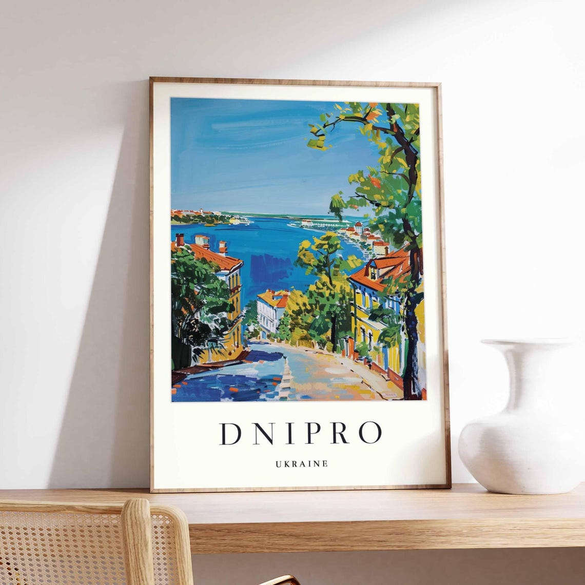 Dnipro Ukraine Riverside City Blue Water Golden Houses Travel Poster