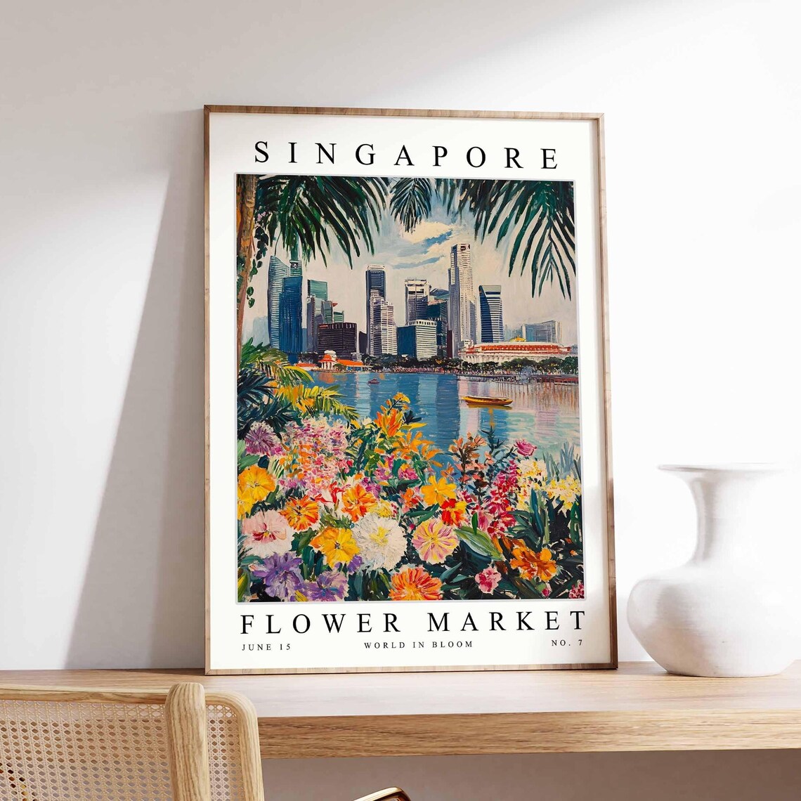 Singapore Flower Market Bay Skyline Palm Fronds Bloom Border Poster