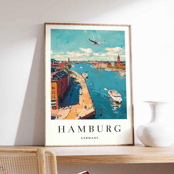 Hamburg Germany Seagull Harbour Boat Turquoise Water Travel Poster