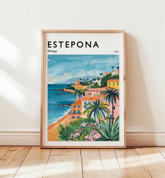 Estepona Malaga 1989 Colorful Beachfront Houses Palm Travel Poster