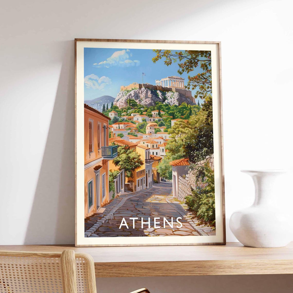 Athens Sunlit Greek Flag Acropolis Old Town Greece Travel Poster