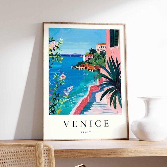 Venice Italy Tropical Waterfront Palm Trees Travel Art Poster