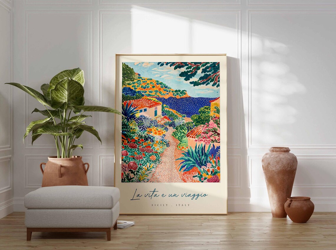 Sicily Italy Floral Travel Poster Garden Path Cottages And Sea View - Image 3