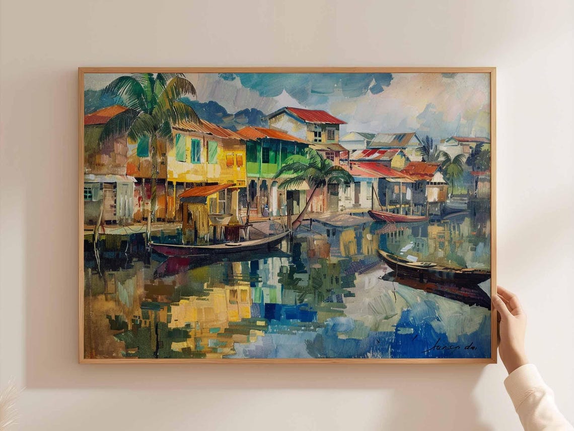 Cebu Philippines Waterfront Village Boats Impressionist Oil Poster