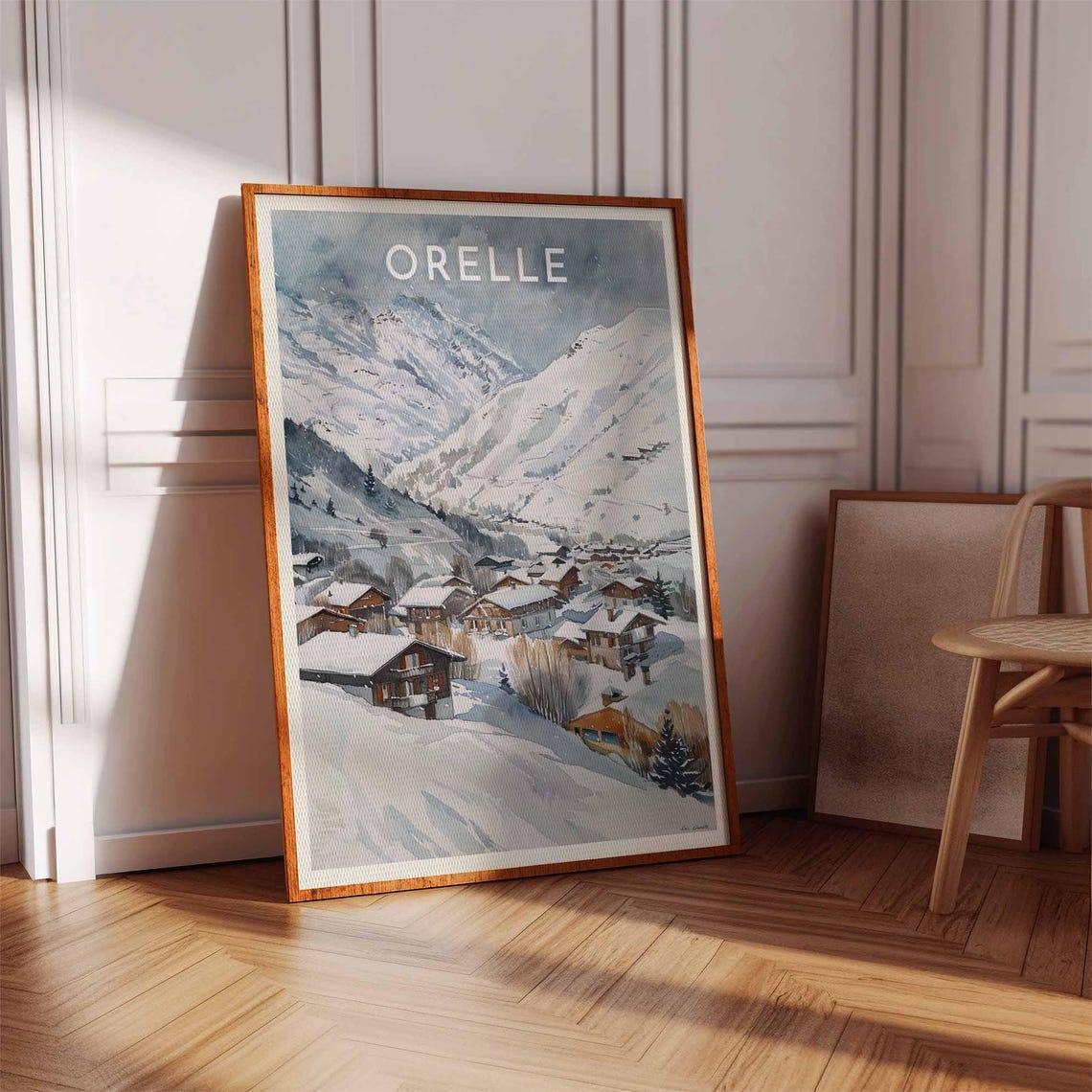 Orelle Muted Watercolor Village Snow Peaks Winter Scene Poster - Image 3