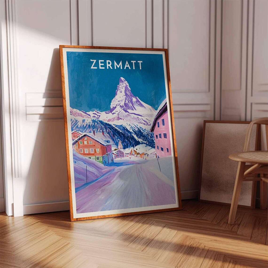Zermatt Matterhorn Purple Village Street Winter Scene Art Poster - Image 3