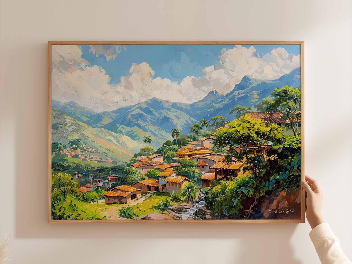 Caracas Hillside Village Stream Orange Roofs Mountains Art Poster