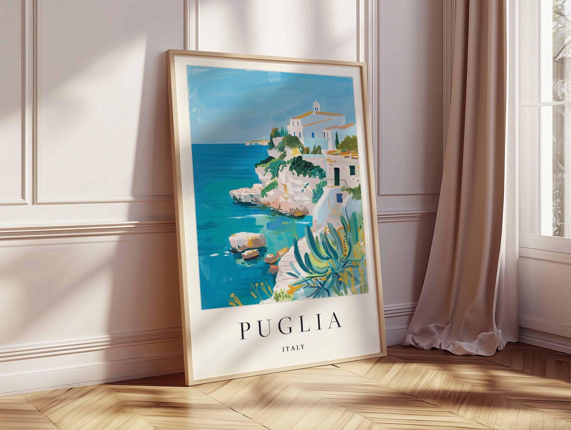 Puglia Italy Whitewashed Cliff Town White Church Turquoise Cove Poster - Image 2