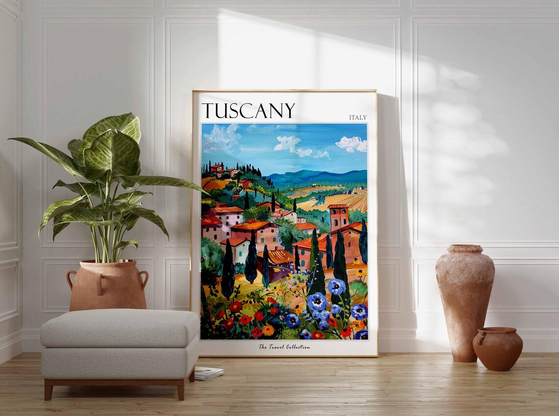 Tuscany Italy Hilltop Village Cypress Trees Wildflowers Art Poster - Image 2