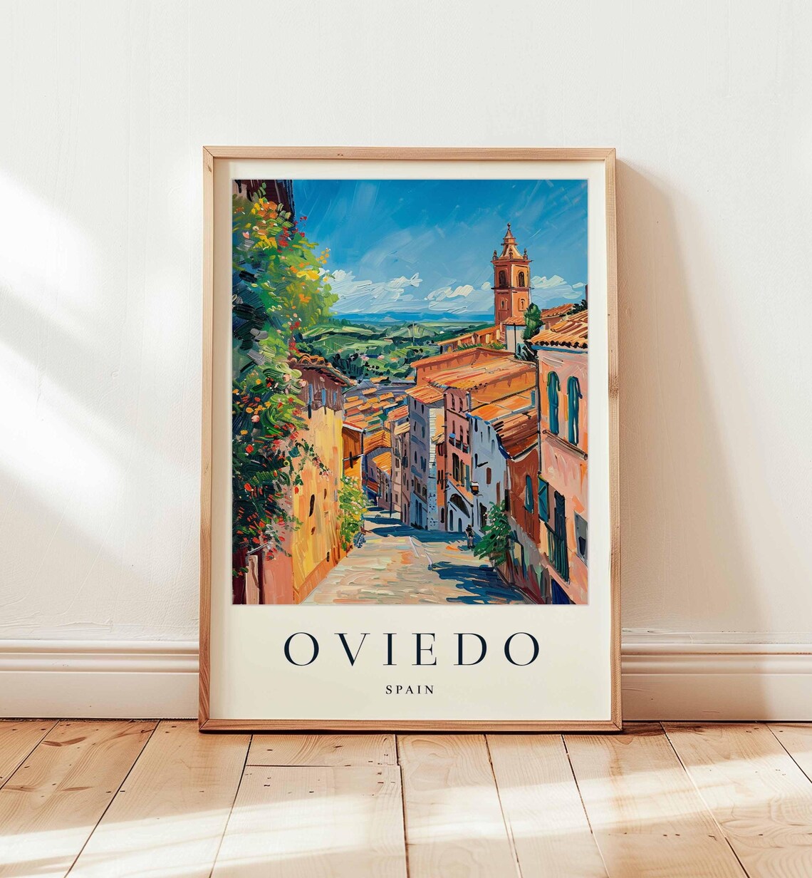 Oviedo Spain Flower Draped Balconies Bell Tower Street Travel Poster