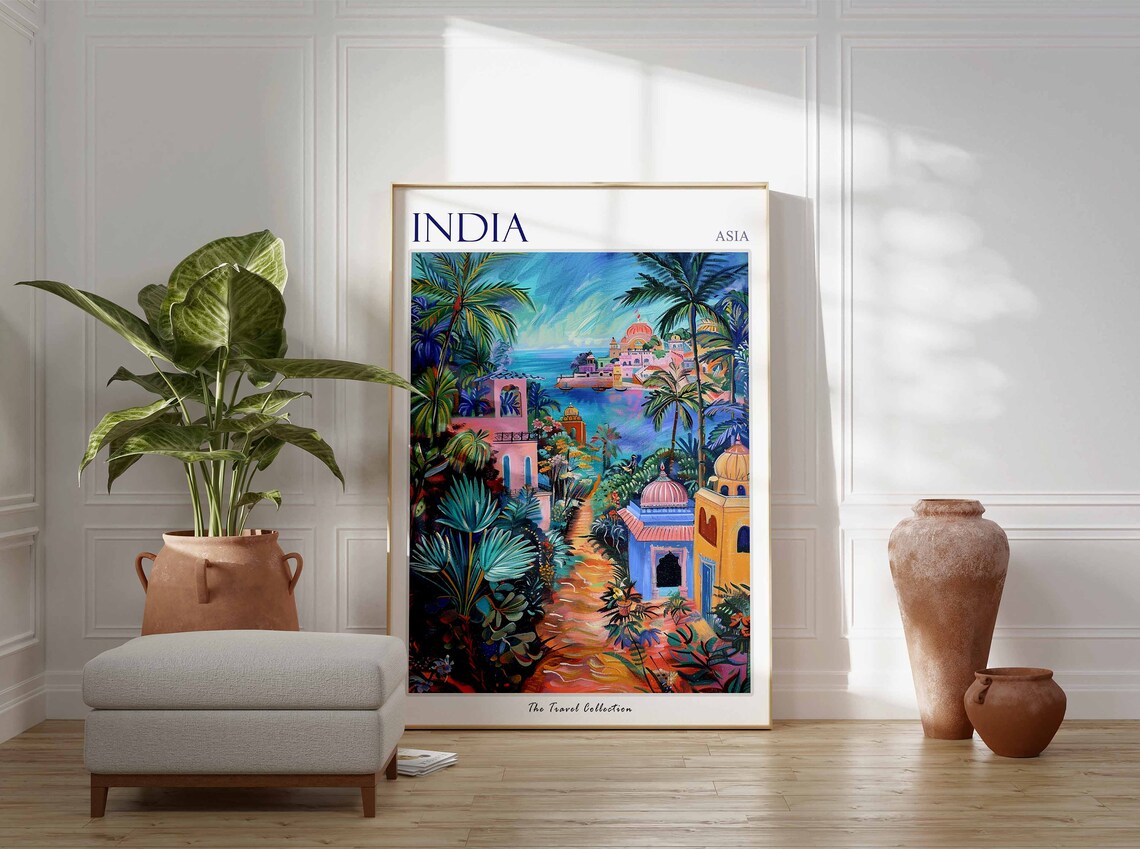 India Asia Colorful Palace Coastline Illustrated Travel Poster - Image 2