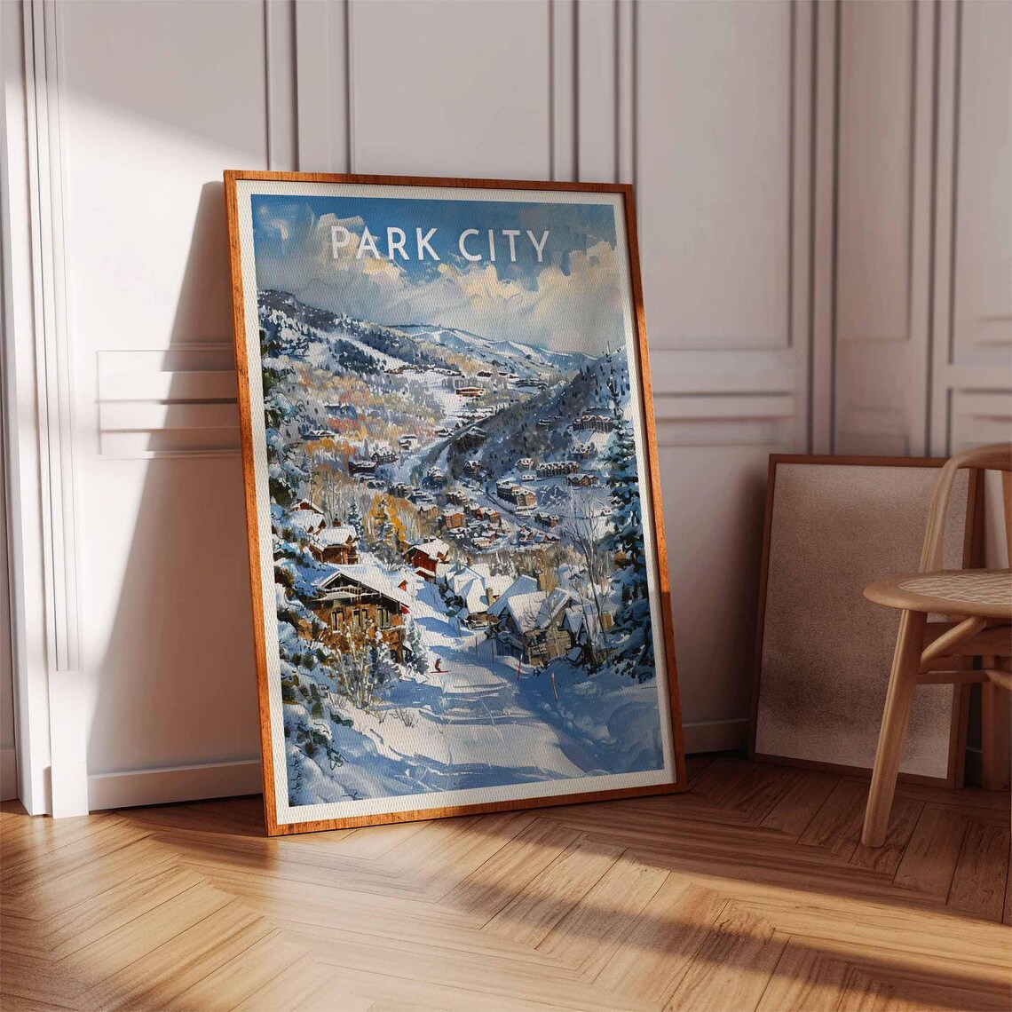 Park City Skiers Heading Down to Town Snowy Slope Scene Poster - Image 3