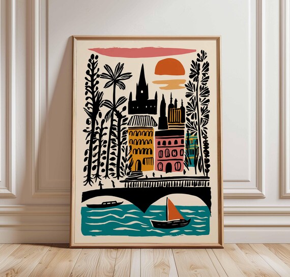 Southbank London Travel Poster Thames River Uk City Art