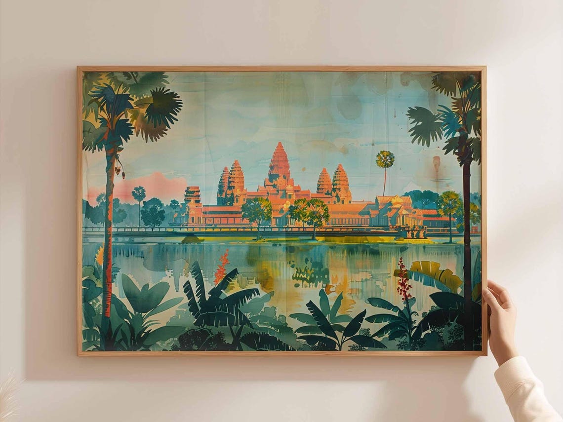 Angkor Wat Moat Reflection Retro Travel Art Cambodia Temple Poster