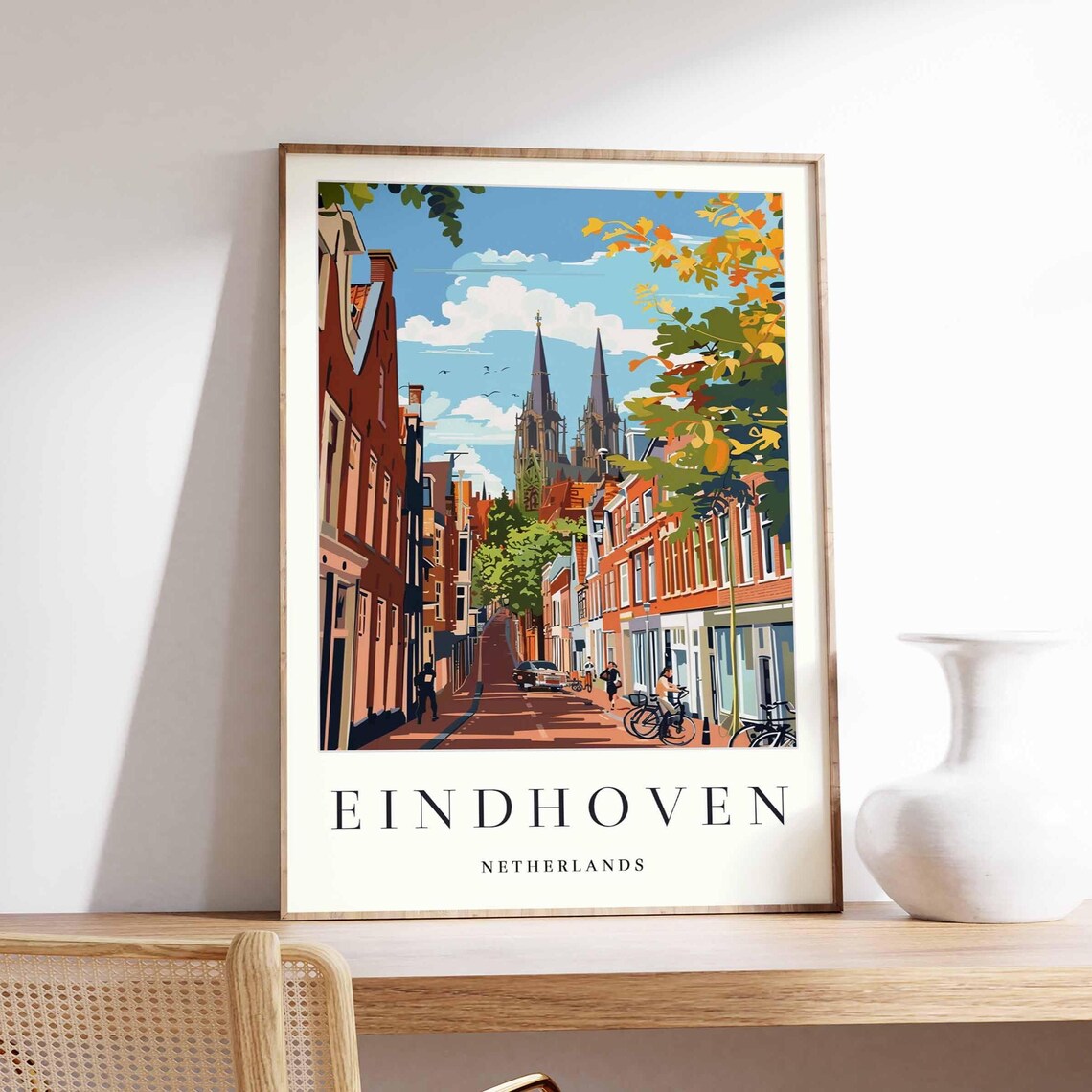 Eindhoven Netherlands Brick Street Bicycles Retro Travel Poster Art