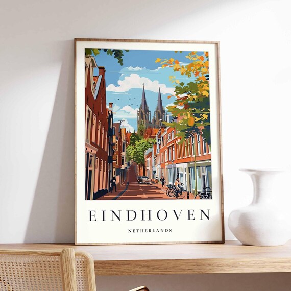 Eindhoven Netherlands Brick Street Bicycles Retro Travel Poster Art