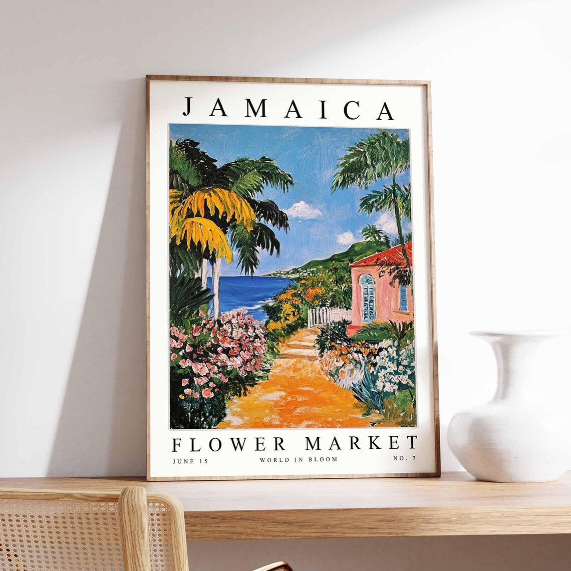 Jamaica Sunlit Garden Path Pink Cottage Sea View Flower Market Poster