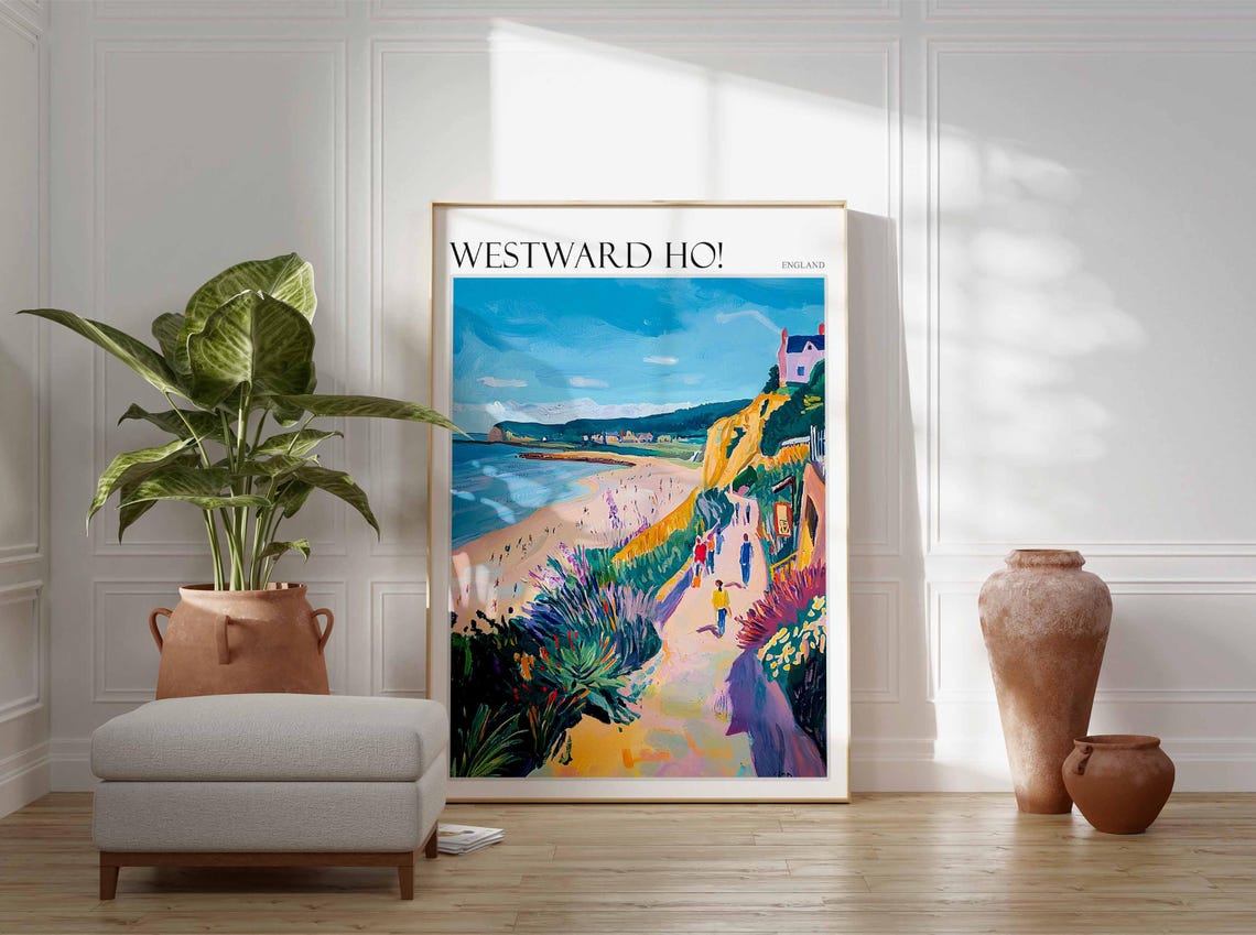 Westward Ho Cliff Path Walkers Pink House Flowers Art Poster - Image 2