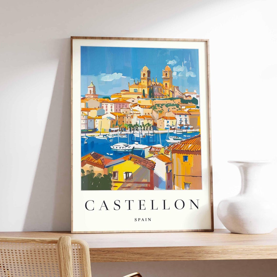 Castellon Spain Painted Harbor Cathedral Seaside Travel Poster