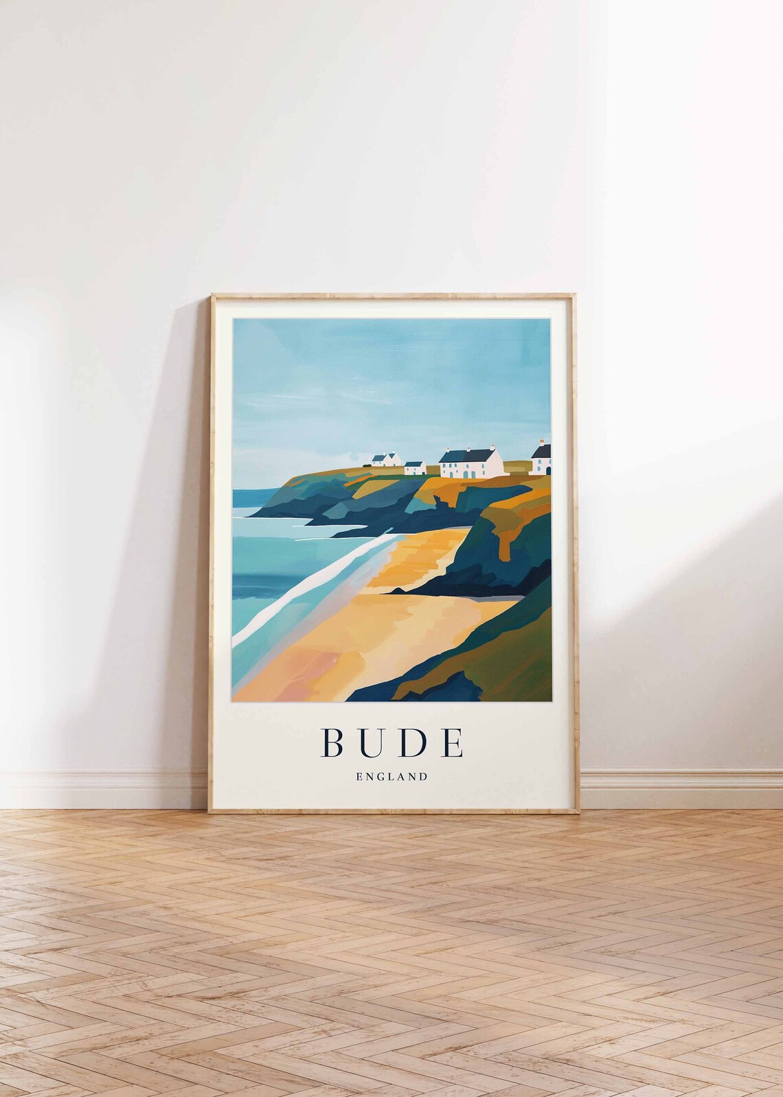 Bude England Cliffside Cottages Over Golden Beach Travel Poster - Image 2