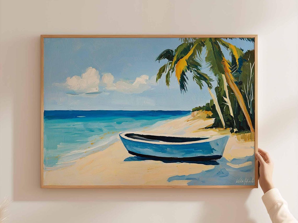 Blue Rowboat Resting On A Sandy Tropical Beach By Palm Trees Poster