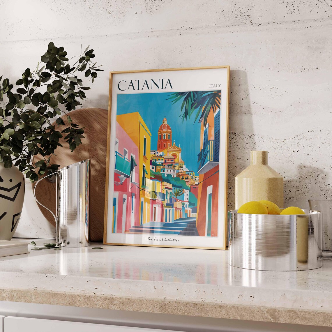 Catania Italy Travel Poster Colorful Street Steps Church Dome Art View - Image 3