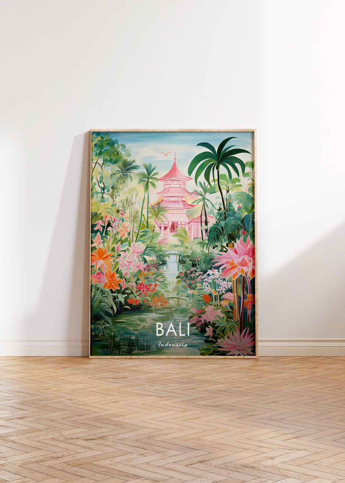Bali Indonesia Pink Temple Tropical Garden Flowers Travel Poster - Image 2