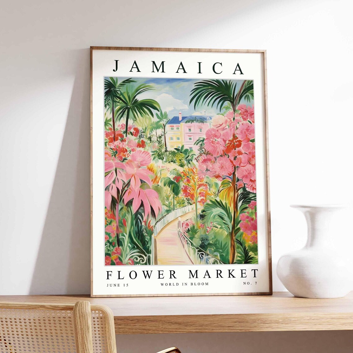 Jamaica Winding Garden Path Palm Grove Pink Villa Flower Market Poster