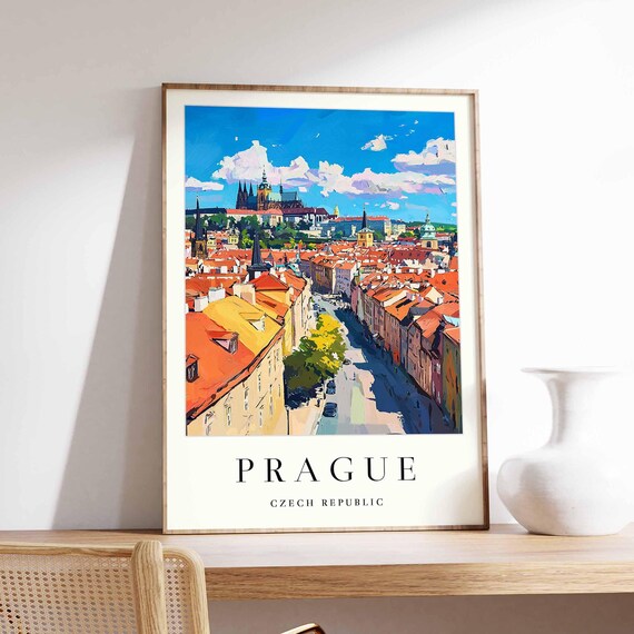 Prague Castle Above Red Rooftops City Skyline Wide View Poster
