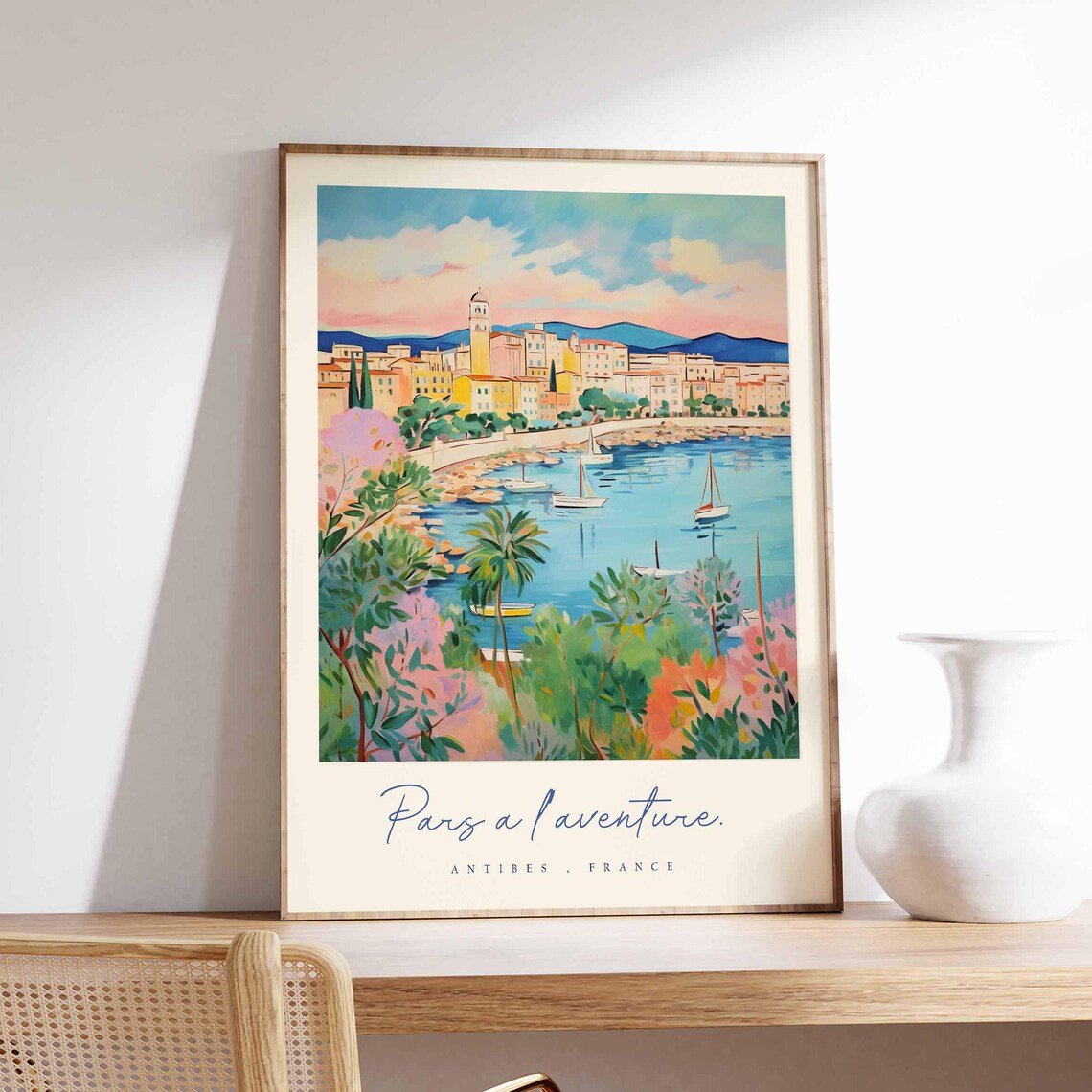 Antibes France Pastel Waterfront Sailing Boats Hillside Town Poster