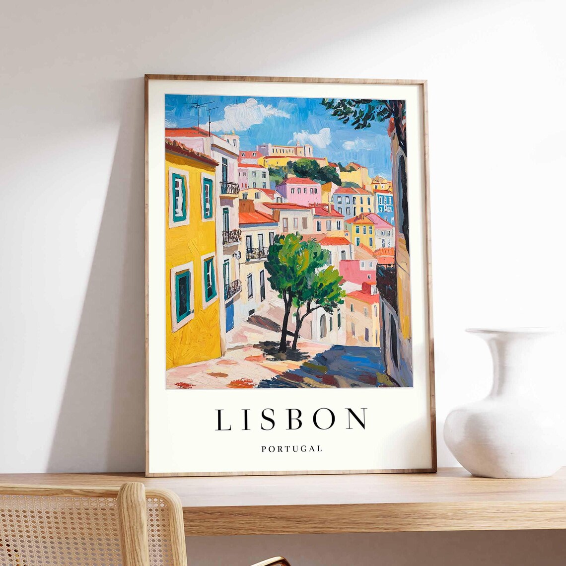 Lisbon Alfama Street Colorful Houses Hilltop Castle View Poster
