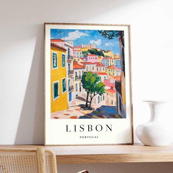 Lisbon Alfama Street Colorful Houses Hilltop Castle View Poster
