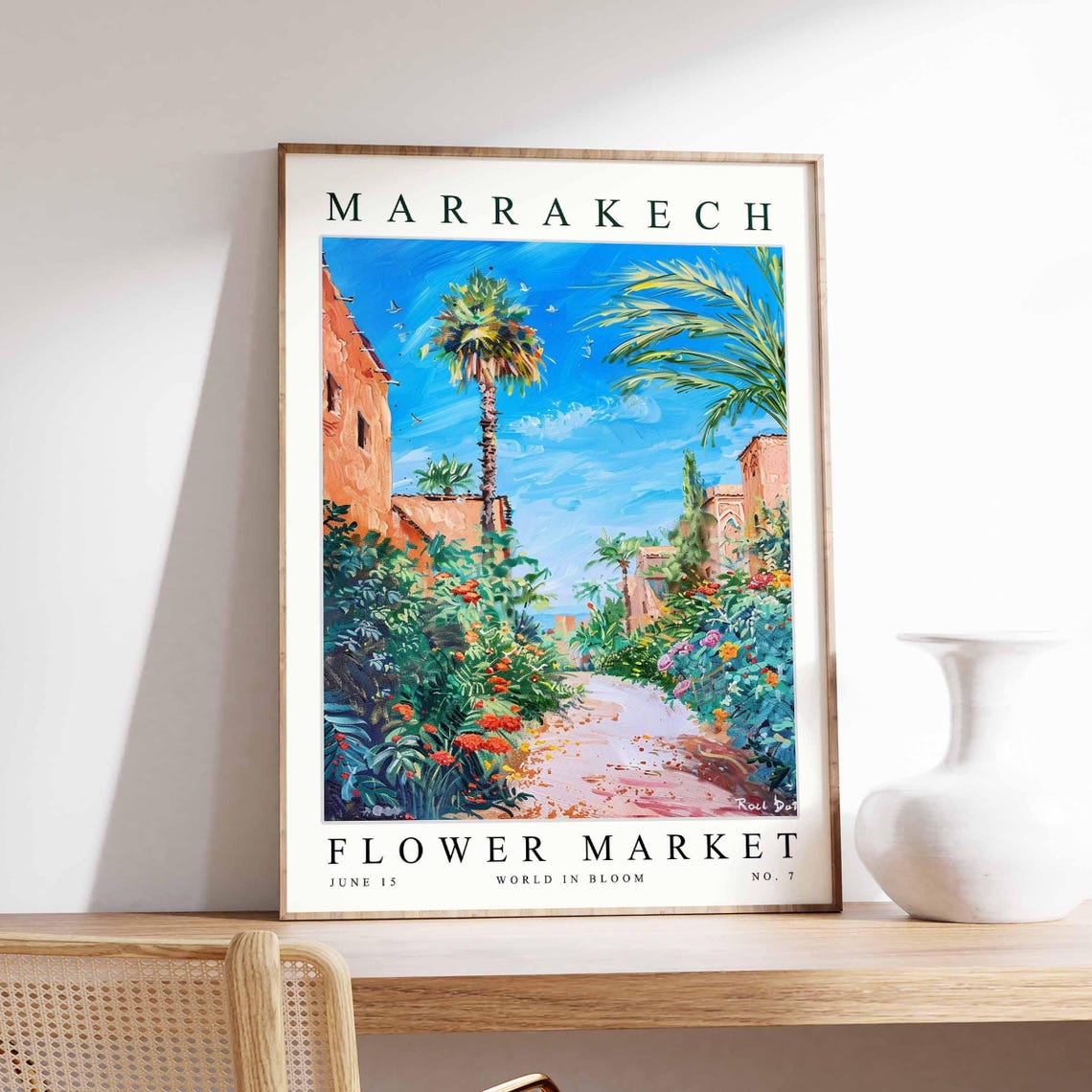 Marrakech Flower Market Sunlit Garden Path Tall Palm Scene Poster