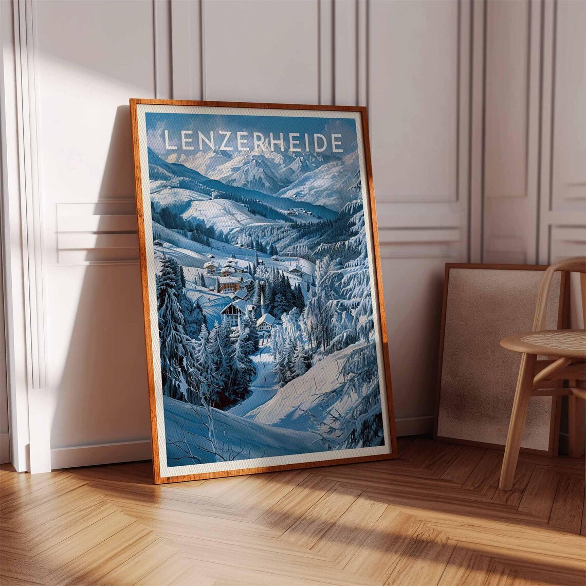 Lenzerheide Switzerland Snowy Village Church Blue Peaks Ski Poster - Image 3