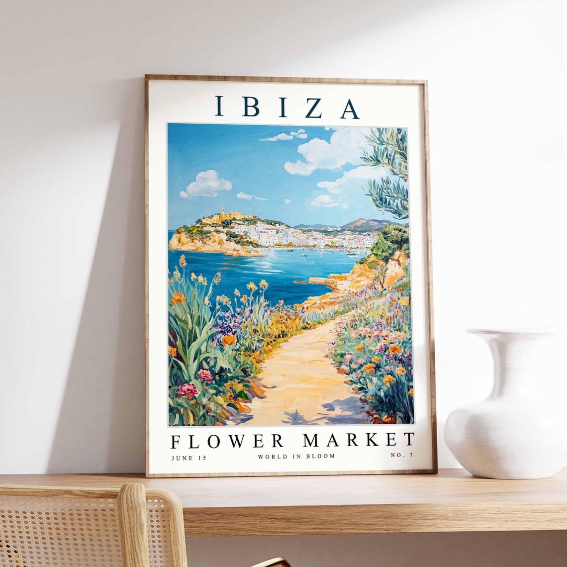Ibiza Flower Market Hilltop Fort Coastal Flower Path Art Poster