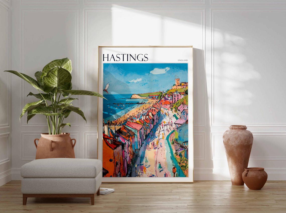 Hastings Impressionist Bustling Beach Colorful Old Town Seaside Poster - Image 3