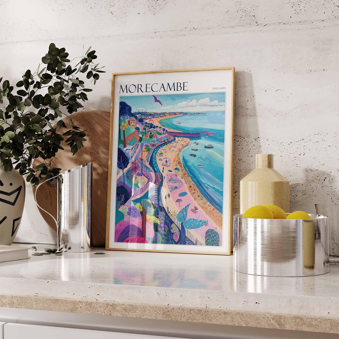 Morecambe England Colorful Curving Promenade Pink Birds Beach Poster - Image 2
