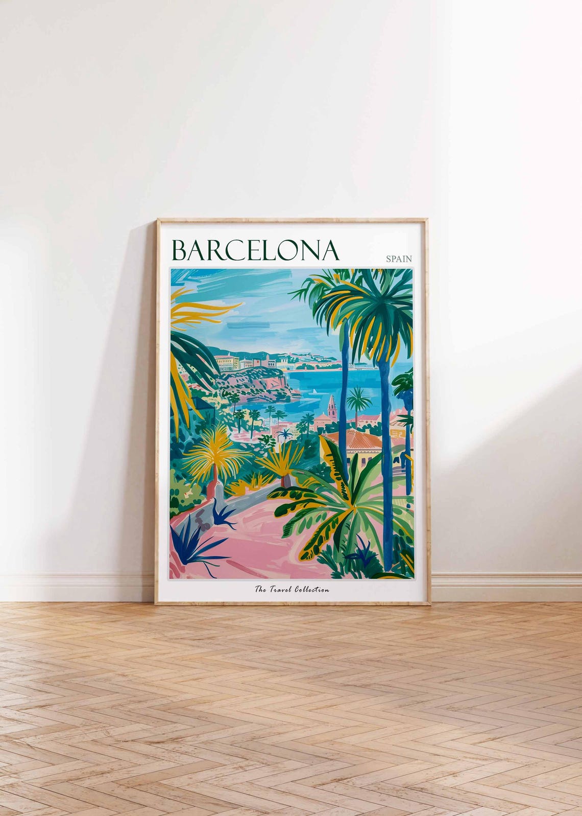 Barcelona Spain Tropical Palm Coast View Painted Travel Poster - Image 2