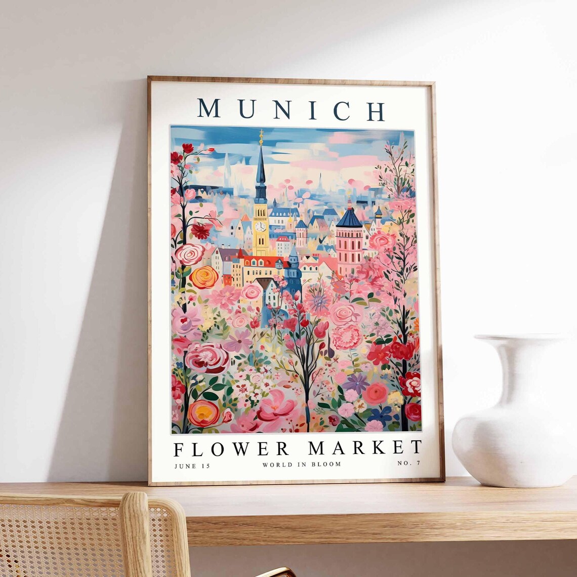 Munich Flower Market Pink Rose Garden Old Town Spires Poster