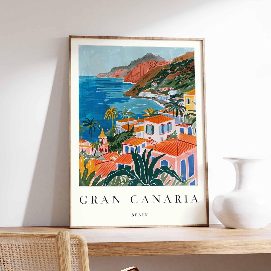 Gran Canaria Spain Coastal Town Red Cliffs Blue Sea Art Poster