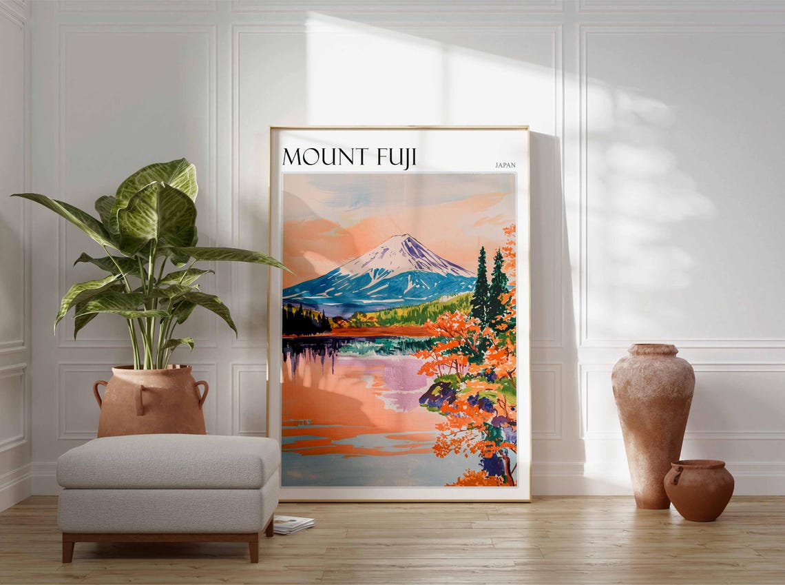 Mount Fuji Japan Lake Reflection Autumn Painted Travel Poster - Image 2