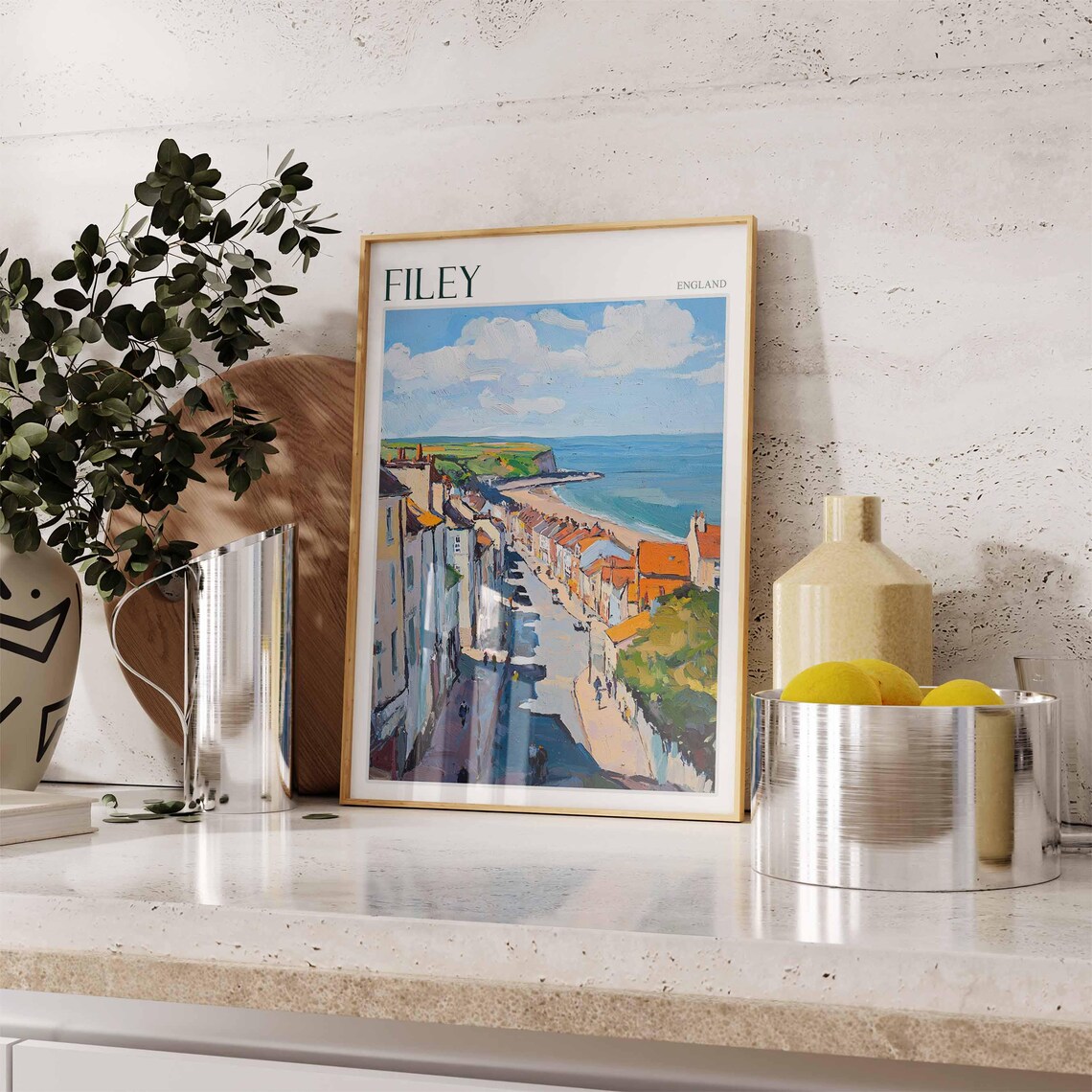 Filey England Steep Street Red Roofs Beach Headland Painting Poster - Image 2